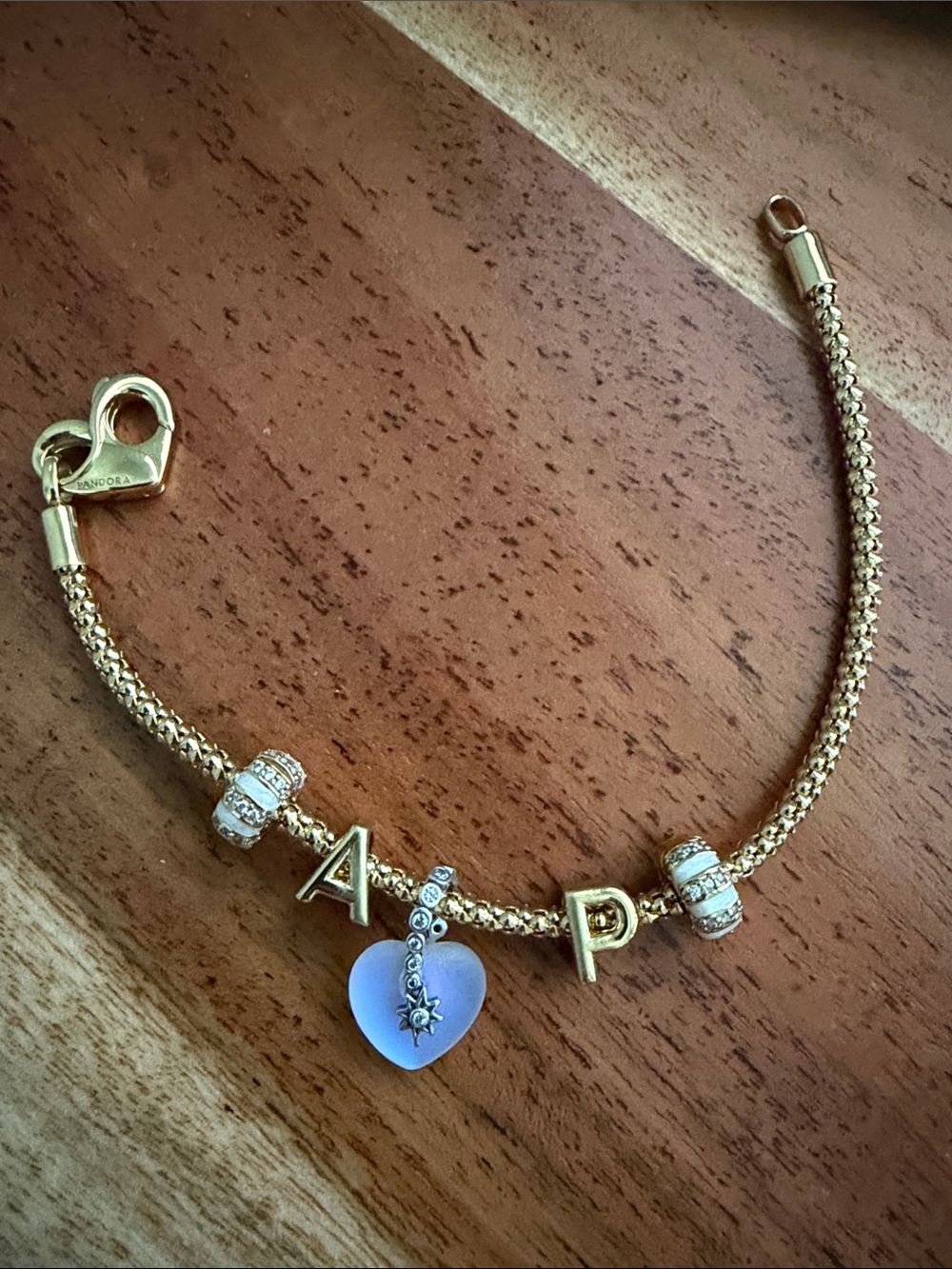 Pandora Gold Letter A P Bracelet with Opalescent Heart Charm